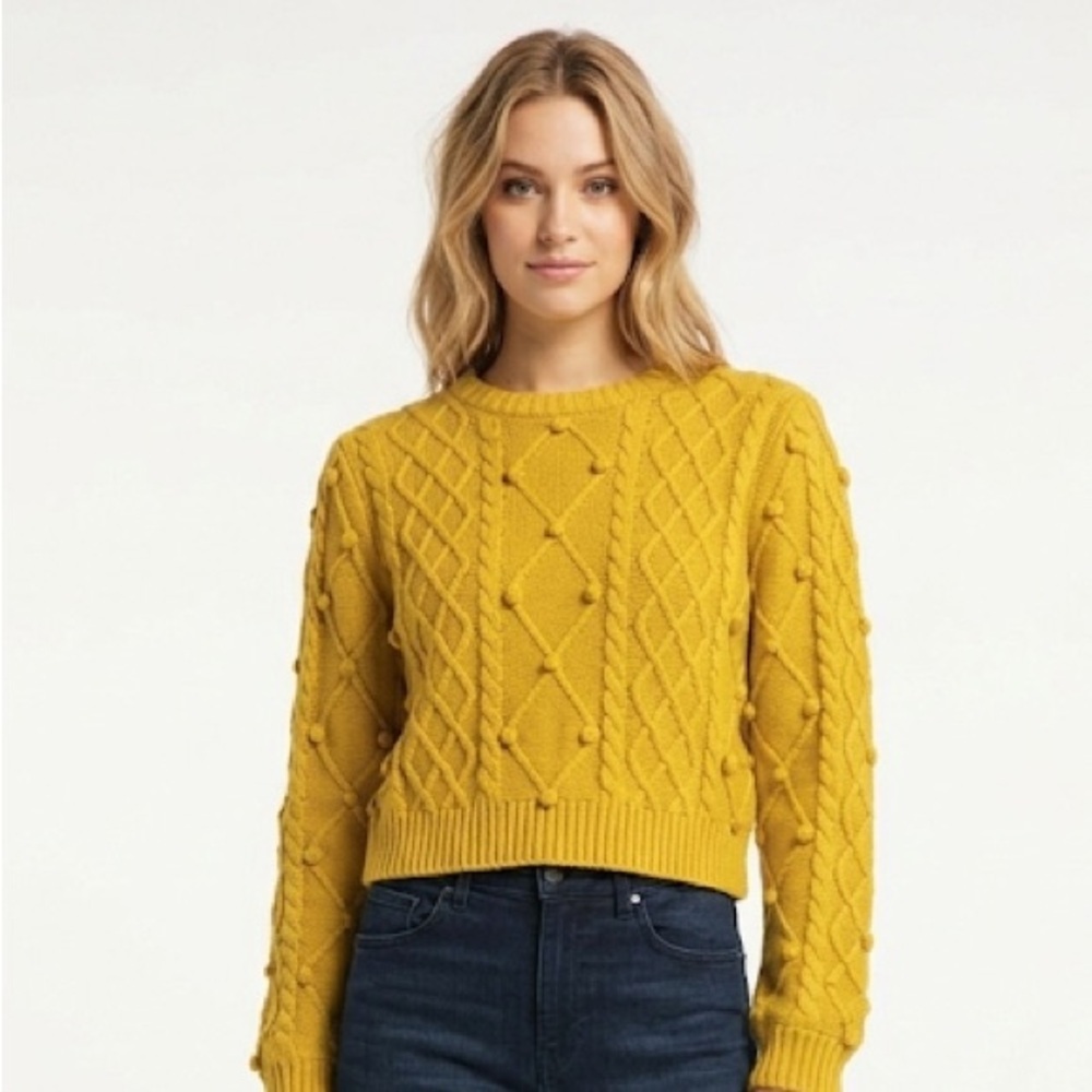 Listicle Mustard Cable-Knit Pom-Pom Crew Sweater size medium